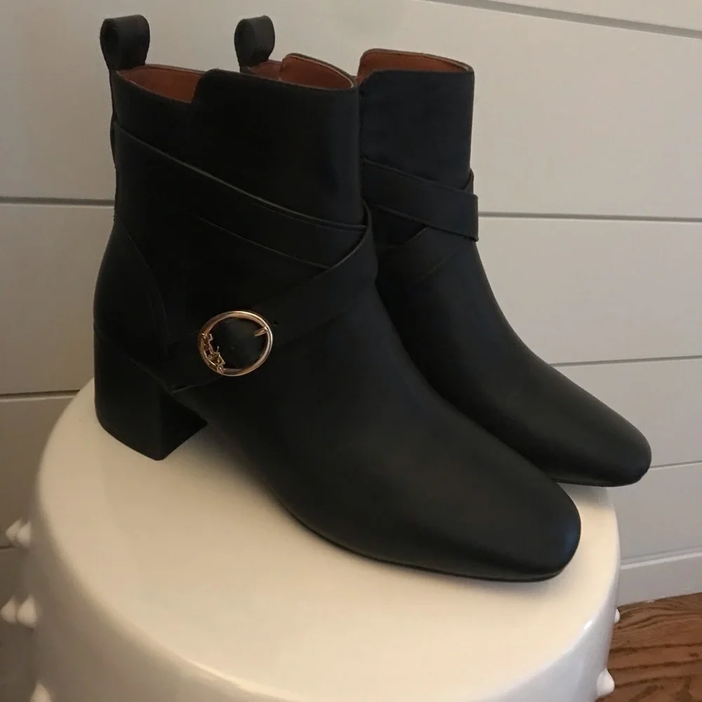 Coach Black Ankle Boots with Chunky Heel and Metallic Detail